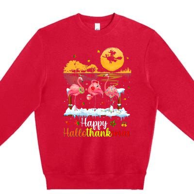 Halloween Thanksgiving Xmas Happy Hallo Thanksmas Flamingo Premium Crewneck Sweatshirt