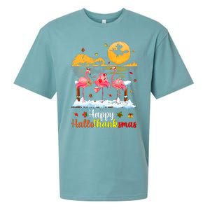 Halloween Thanksgiving Xmas Happy Hallo Thanksmas Flamingo Sueded Cloud Jersey T-Shirt