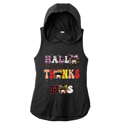 Halloween Thanksgiving Xmas Happy Hallothanksmas Messy Bun Ladies PosiCharge Tri-Blend Wicking Draft Hoodie Tank