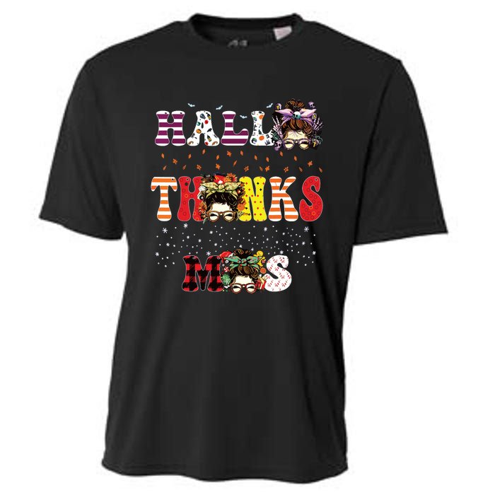 Halloween Thanksgiving Xmas Happy Hallothanksmas Messy Bun Cooling Performance Crew T-Shirt