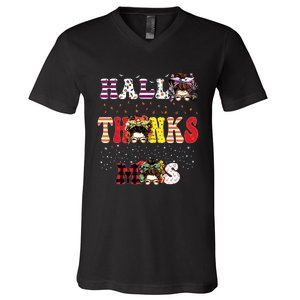 Halloween Thanksgiving Xmas Happy Hallothanksmas Messy Bun V-Neck T-Shirt