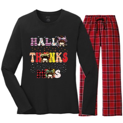 Halloween Thanksgiving Xmas Happy Hallothanksmas Messy Bun Women's Long Sleeve Flannel Pajama Set 