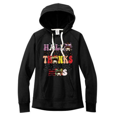 Halloween Thanksgiving Xmas Happy Hallothanksmas Messy Bun Women's Fleece Hoodie