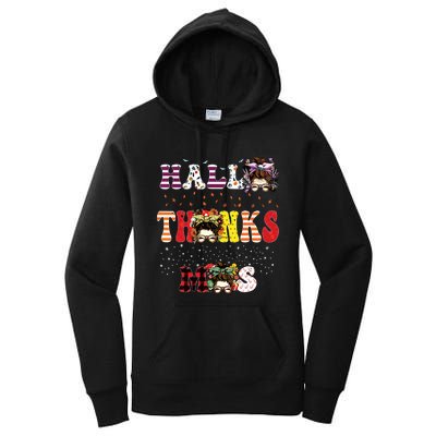 Halloween Thanksgiving Xmas Happy Hallothanksmas Messy Bun Women's Pullover Hoodie