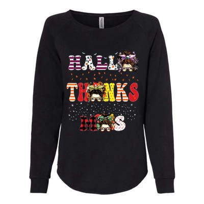 Halloween Thanksgiving Xmas Happy Hallothanksmas Messy Bun Womens California Wash Sweatshirt