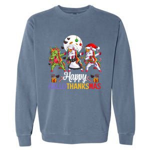 Halloween Thanksgiving Xmas Happy Hallothanksmas Unicorns Gift Garment-Dyed Sweatshirt