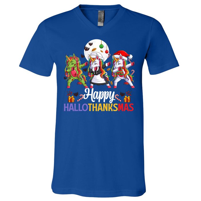 Halloween Thanksgiving Xmas Happy Hallothanksmas Unicorns Gift V-Neck T-Shirt