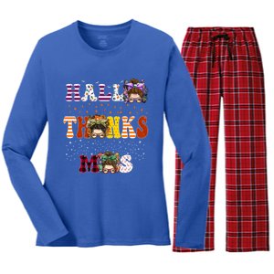 Halloween Thanksgiving Xmas Happy Hallothanksmas Messy Bun Great Gift Women's Long Sleeve Flannel Pajama Set 