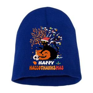 Halloween Thanksgiving Xmas Cat Hallothanksmas Gift Short Acrylic Beanie