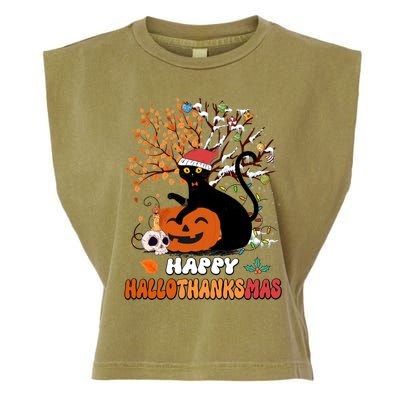 Halloween Thanksgiving Xmas Cat Hallothanksmas Gift Garment-Dyed Women's Muscle Tee