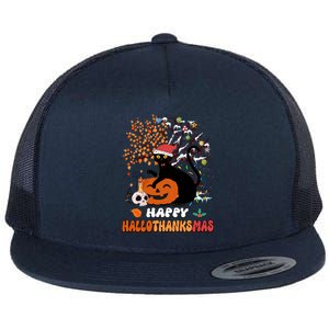 Halloween Thanksgiving Xmas Cat Hallothanksmas Gift Flat Bill Trucker Hat