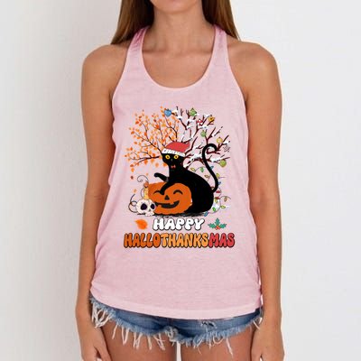 Halloween Thanksgiving Xmas Cat Hallothanksmas Gift Women's Knotted Racerback Tank