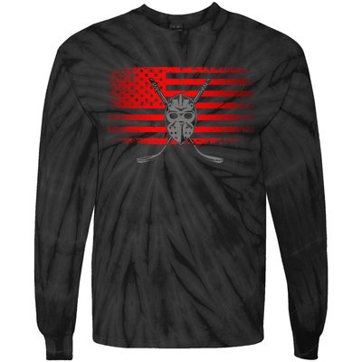 Hockey USA American Flag Patriotic Hockey Player Tie-Dye Long Sleeve Shirt