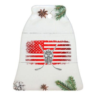 Hockey USA American Flag Patriotic Hockey Player Ceramic Bell Ornament