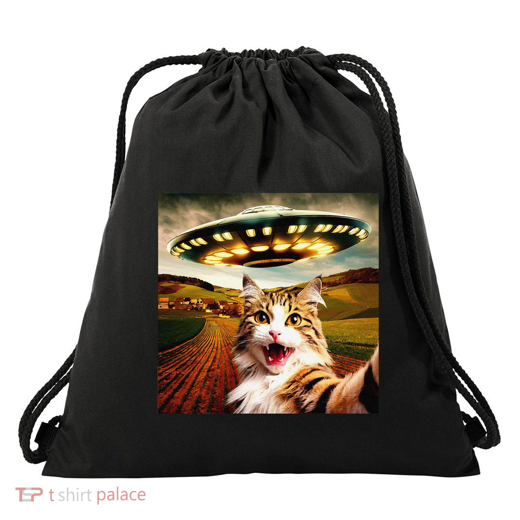 Hilarious Ufo Cat Selfie – Alien Invasion Meme .Png Drawstring Bag