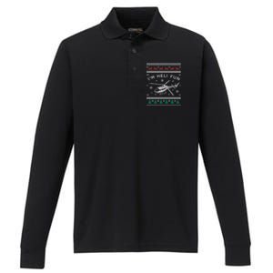 Helicopter Ugly Christmas Funny Gift Fun Xmas Heli Pilot Gift Performance Long Sleeve Polo