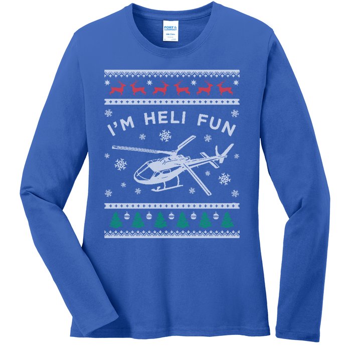 Helicopter Ugly Christmas Funny Gift Fun Xmas Heli Pilot Gift Ladies Long Sleeve Shirt