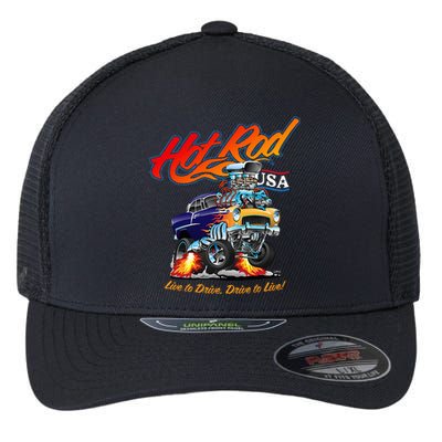 Hotrod Usa Classic Muscle Car Cartoon Race Car Funny Car Flexfit Unipanel Trucker Cap