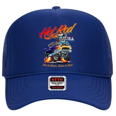 Hotrod Usa Classic Muscle Car Cartoon Race Car Funny Car High Crown Mesh Back Trucker Hat