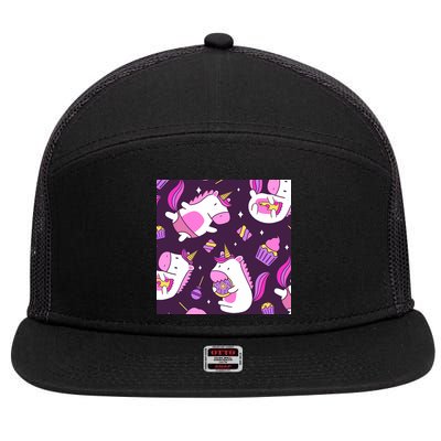 Happy Unicorn Dessert Lover Pattern 7 Panel Mesh Trucker Snapback Hat