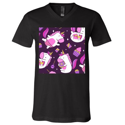 Happy Unicorn Dessert Lover Pattern V-Neck T-Shirt