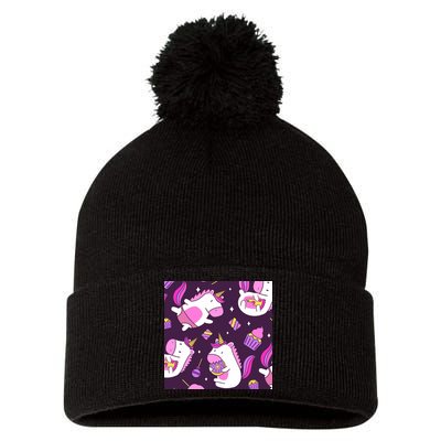 Happy Unicorn Dessert Lover Pattern Pom Pom 12in Knit Beanie