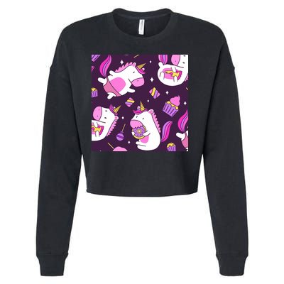 Happy Unicorn Dessert Lover Pattern Cropped Pullover Crew