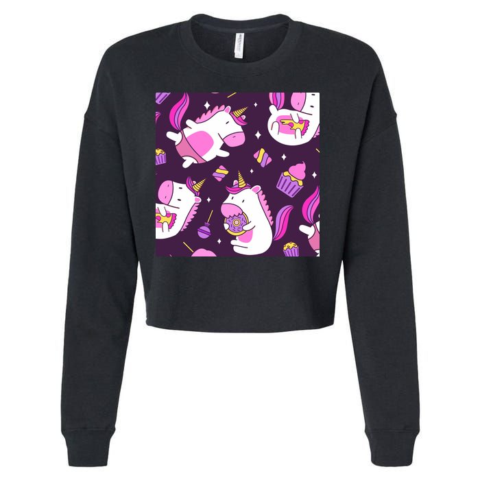 Happy Unicorn Dessert Lover Pattern Cropped Pullover Crew
