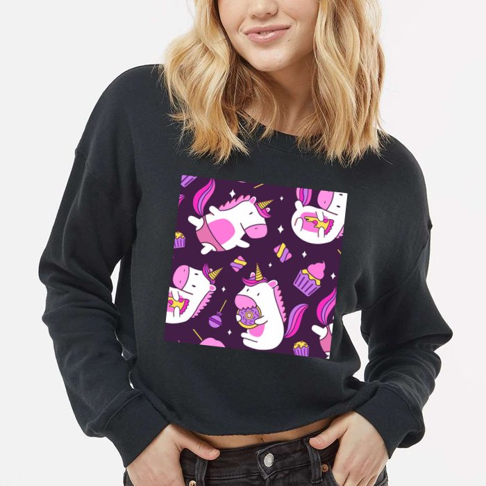 Happy Unicorn Dessert Lover Pattern Cropped Pullover Crew
