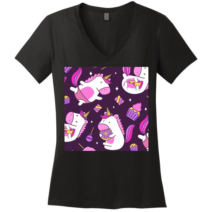 Happy Unicorn Dessert Lover Pattern Women's V-Neck T-Shirt