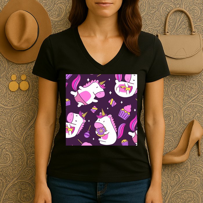 Happy Unicorn Dessert Lover Pattern Women's V-Neck T-Shirt