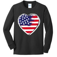 Heart Us Flag 4th Of July Patriotic American Stars Stripes Kids Long Sleeve Shirt