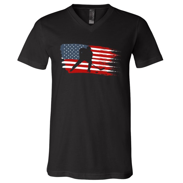 Hockey Usa Flag American Flag Patriotic Ice Hockey V-Neck T-Shirt