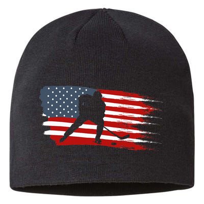 Hockey Usa Flag American Flag Patriotic Ice Hockey Sustainable Beanie