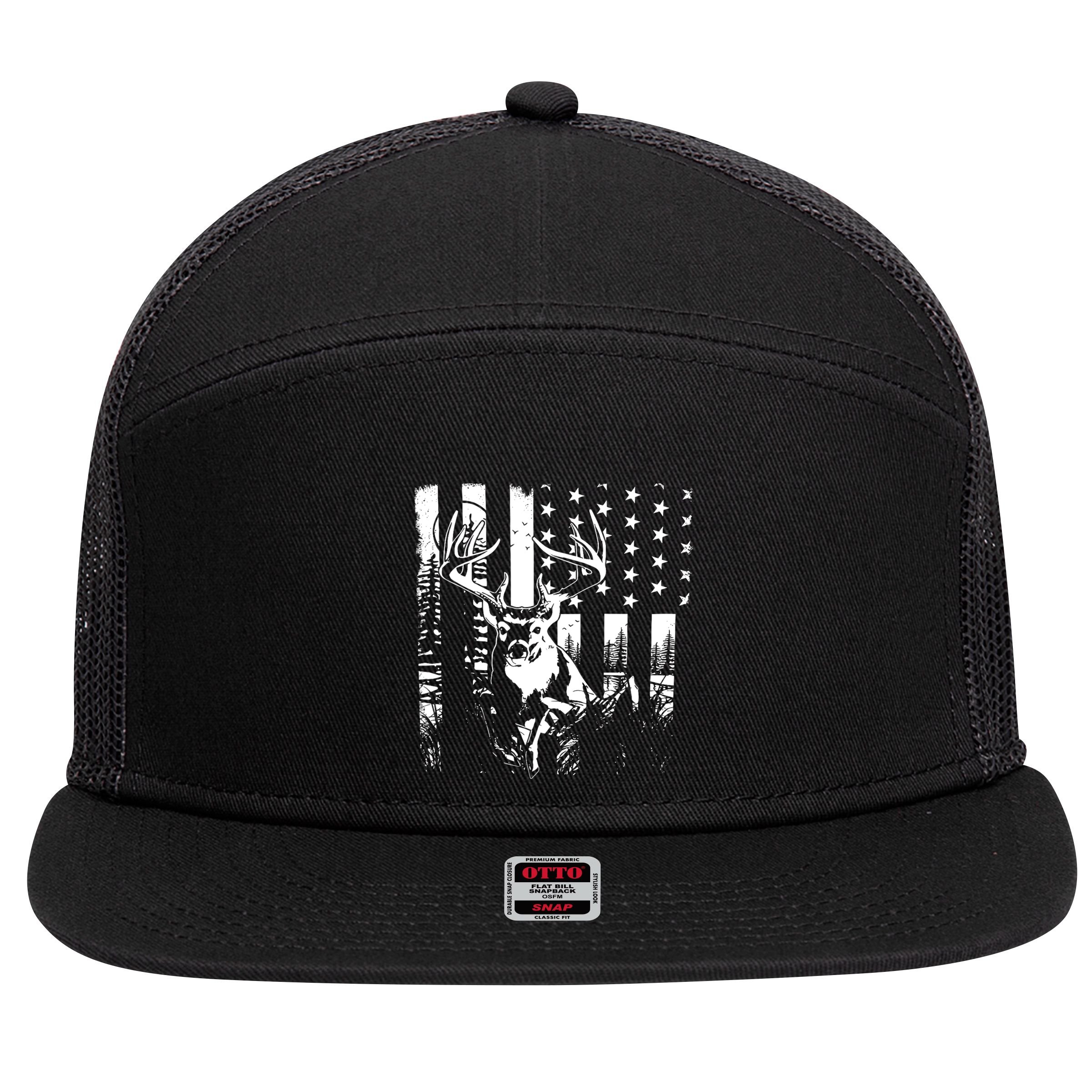 Hunting Us Flag Deer Elk Buck Camoflage Hunter Dad Gift 7 Panel Mesh Trucker Snapback Hat