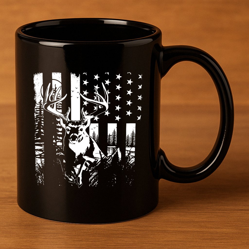 Hunting Us Flag Deer Elk Buck Camoflage Hunter Dad Gift 11oz C Handle Ceramic Mug