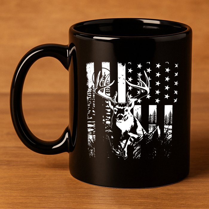 Hunting Us Flag Deer Elk Buck Camoflage Hunter Dad Gift 11oz C Handle Ceramic Mug
