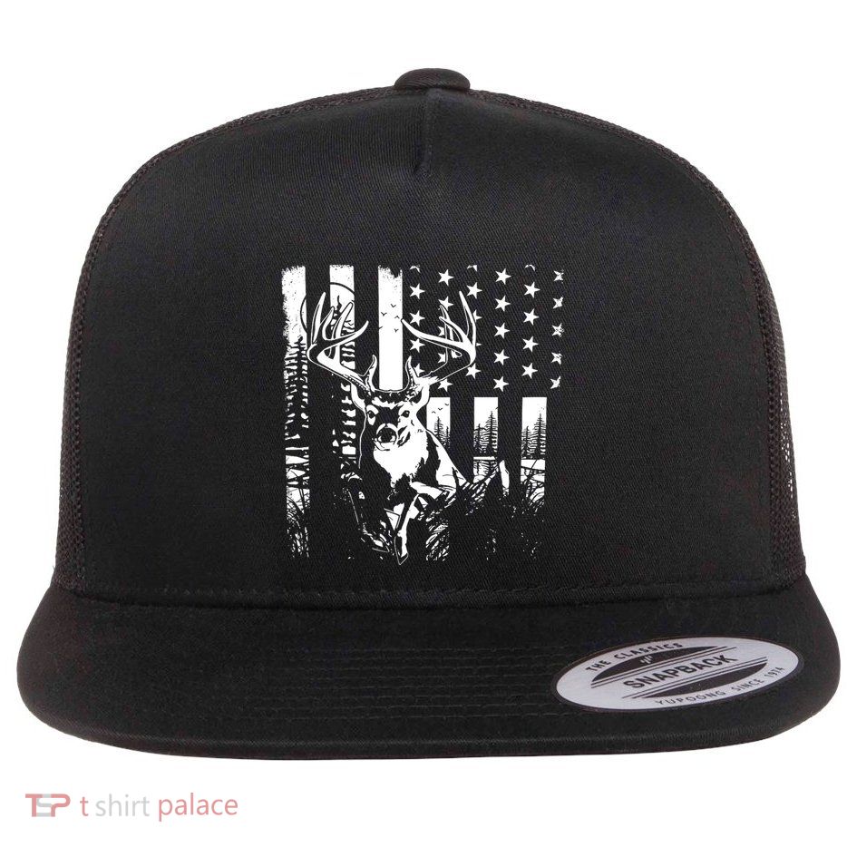 Hunting Us Flag Deer Elk Buck Camoflage Hunter Dad Gift Flatbill Hat