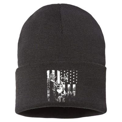 Hunting Us Flag Deer Elk Buck Camoflage Hunter Dad Gift Sustainable Knit Beanie