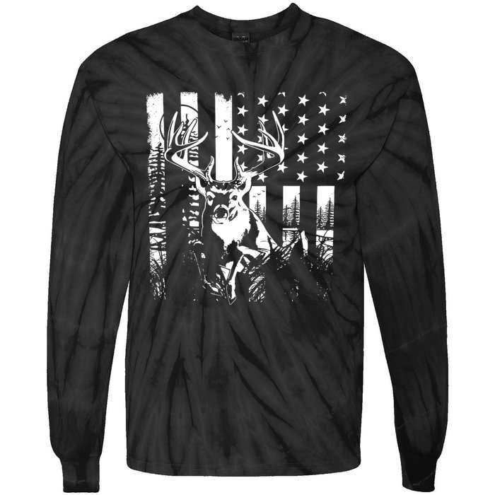 Hunting Us Flag Deer Elk Buck Camoflage Hunter Dad Gift Tie-Dye Long Sleeve Shirt