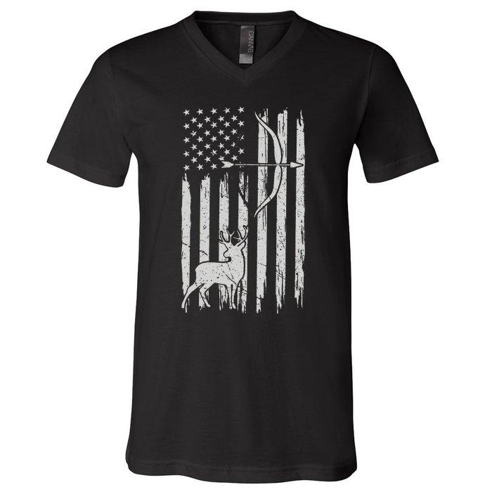 Hunter Usa Flag Hunting Deer Hunt Compound Bow V-Neck T-Shirt