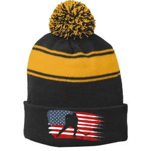 Hockey USA Flag American Flag Patriotic Ice Hockey Stripe Pom Pom Beanie