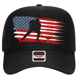 Hockey USA Flag American Flag Patriotic Ice Hockey High Crown Mesh Back Trucker Hat