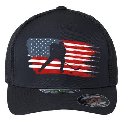 Hockey USA Flag American Flag Patriotic Ice Hockey Flexfit Unipanel Trucker Cap