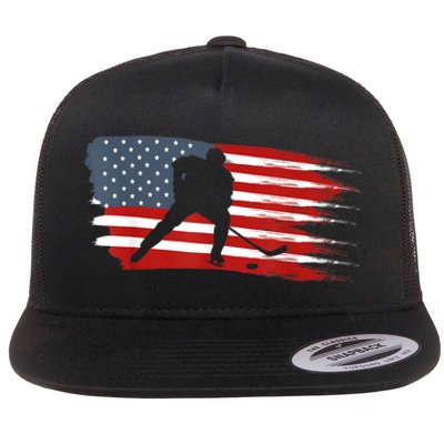 Hockey USA Flag American Flag Patriotic Ice Hockey Flat Bill Trucker Hat