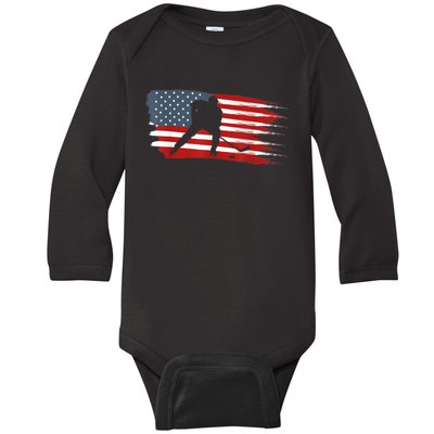 Hockey USA Flag American Flag Patriotic Ice Hockey Baby Long Sleeve Bodysuit