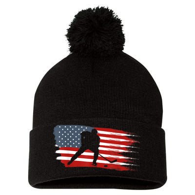 Hockey USA Flag American Flag Patriotic Ice Hockey Pom Pom 12in Knit Beanie