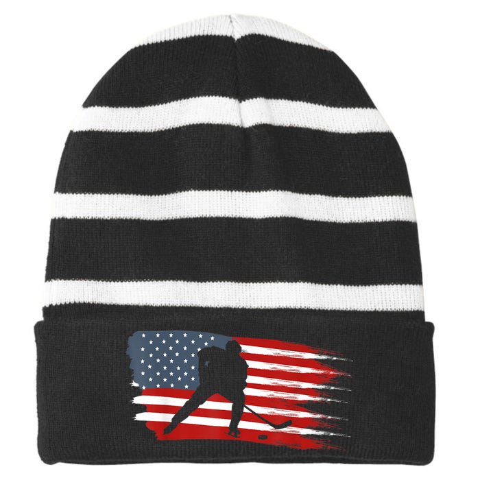 Hockey USA Flag American Flag Patriotic Ice Hockey Striped Beanie with Solid Band