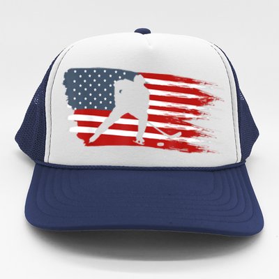 Hockey USA Flag American Flag Patriotic Ice Hockey Trucker Hat