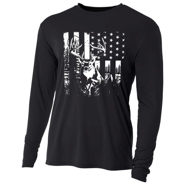 Hunting Us Flag Deer Elk Buck Camoflage Hunter Dad Gift Cooling Performance Long Sleeve Crew